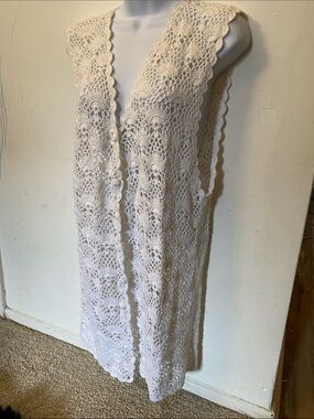 Ivory Crochet Long Open Front Vest
